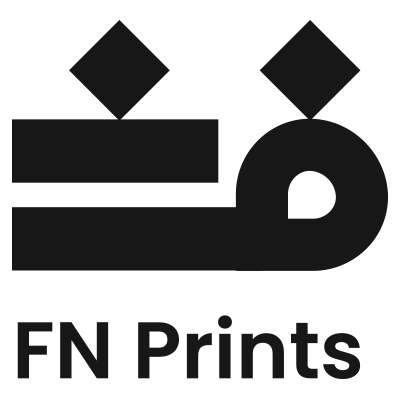 Black and white logo with abstract shapes forming a stylized 'F' and 'N'. Below, the text reads "FN Prints".