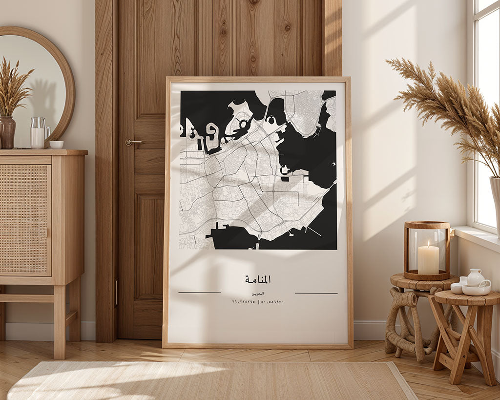 Manama (المنامة) City Map Poster, Minimalist Art by FN Prints, shown framed in a room setting