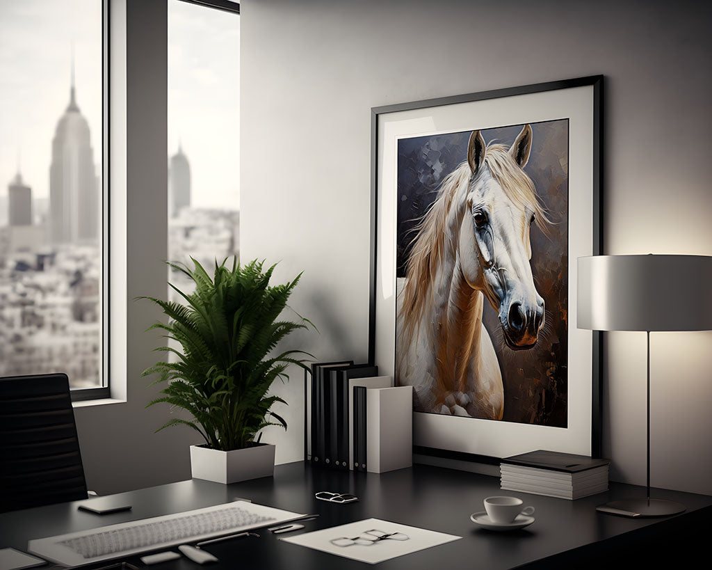 Framed digital painting of a white horse with a flowing mane, displayed on a modern office desk with a sleek black finish. The workspace features a potted plant, books, a cup of coffee, and a lamp, with a city skyline visible through large windows in the background.