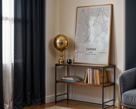 In a room corner, FN Prints' Zarqa City Map print adorns a console table alongside a gold globe lamp and candle. Below, books occupy the shelf. A black curtain drapes near the window, with a grey chair partially visible.