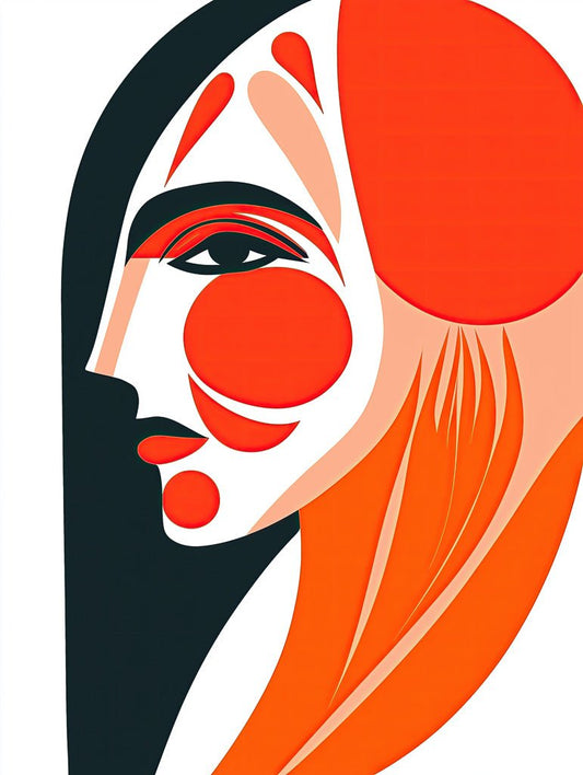 Abstract Allure by FN Prints features a minimalistic side profile of a woman in bold red, black, and orange shapes. Its warm palette and geometric patterns make it ideal for contemporary living spaces.