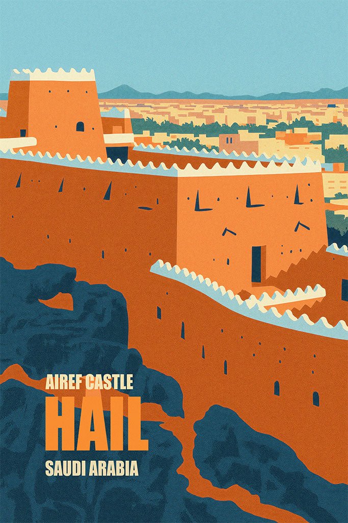 Illustration of Airef Castle in Hail, Saudi Arabia with orange buildings and blue sky.