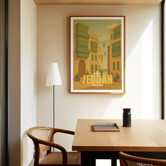 A framed "Al-Balad, Jeddah" art print by FN Prints hangs on a beige wall above a wooden table with a chair, lamp, and black container. Sunlight from a nearby window highlights this elegant Saudi Arabia wall decor.