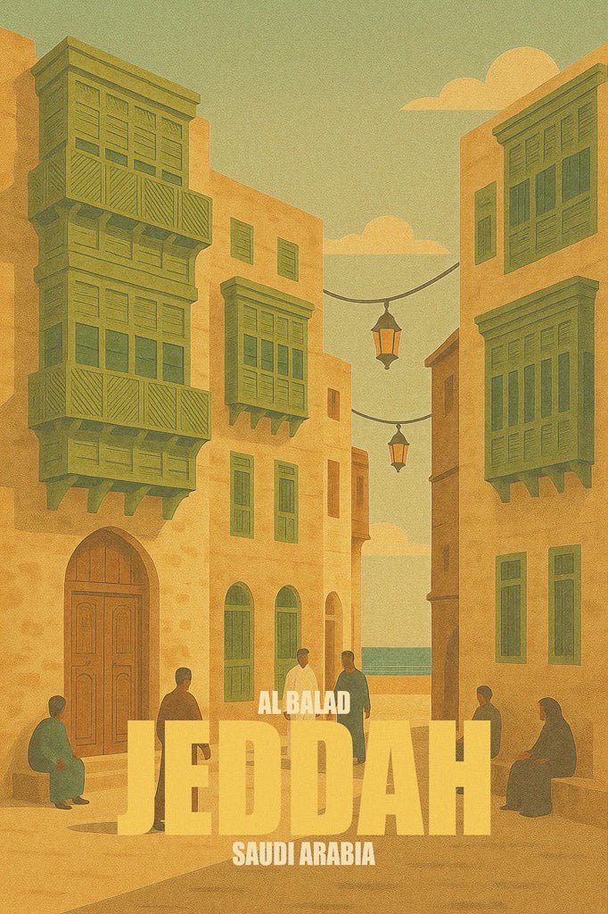 Vintage poster illustration of Al-Balad, Jeddah Saudi Arabia, with green rawasheen balconies and hanging lanterns.