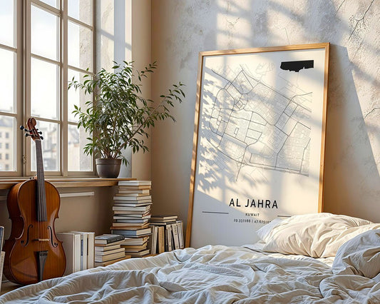 In a sunlit bedroom, FN Prints' Al Jahra City Map with a wooden frame leans against the wall. By a potted plant, books are stacked next to a cello on the floor. Soft light through large windows casts tranquility over an unmade bed.