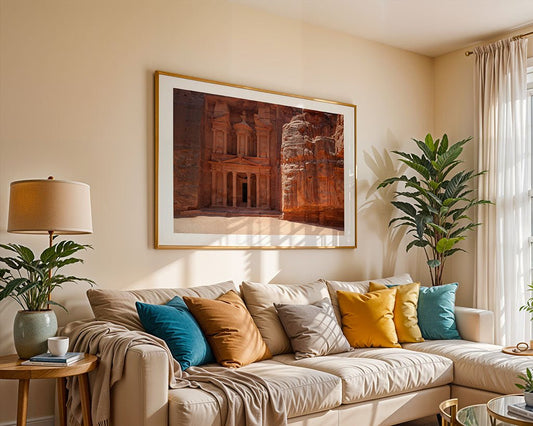 A living room features a beige sofa with colorful pillows, a lamp, potted plants, and sheer curtains. Above the sofa hangs FN Prints' "Al-Khazneh - The Treasury - Petra: Part IV" framed photograph.