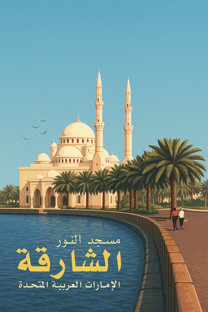 Retro-style travel poster of Al Noor Mosque, Sharjah UAE, with palm trees and Corniche walkway in vintage tones.