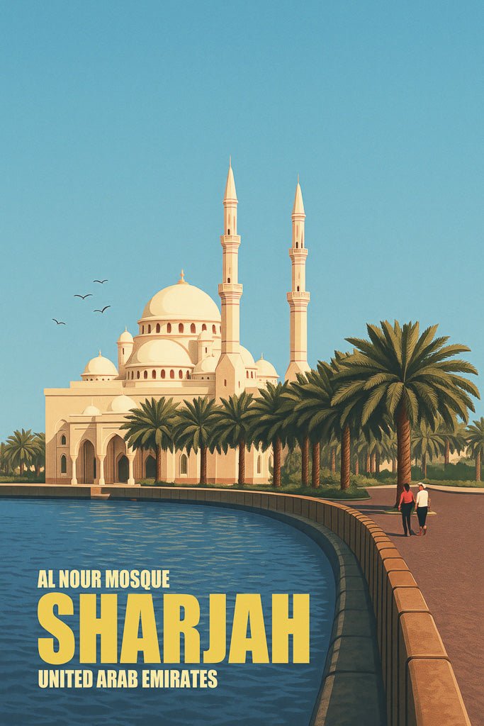 Retro-style travel poster of Al Noor Mosque, Sharjah UAE, with palm trees and Corniche walkway in vintage tones.