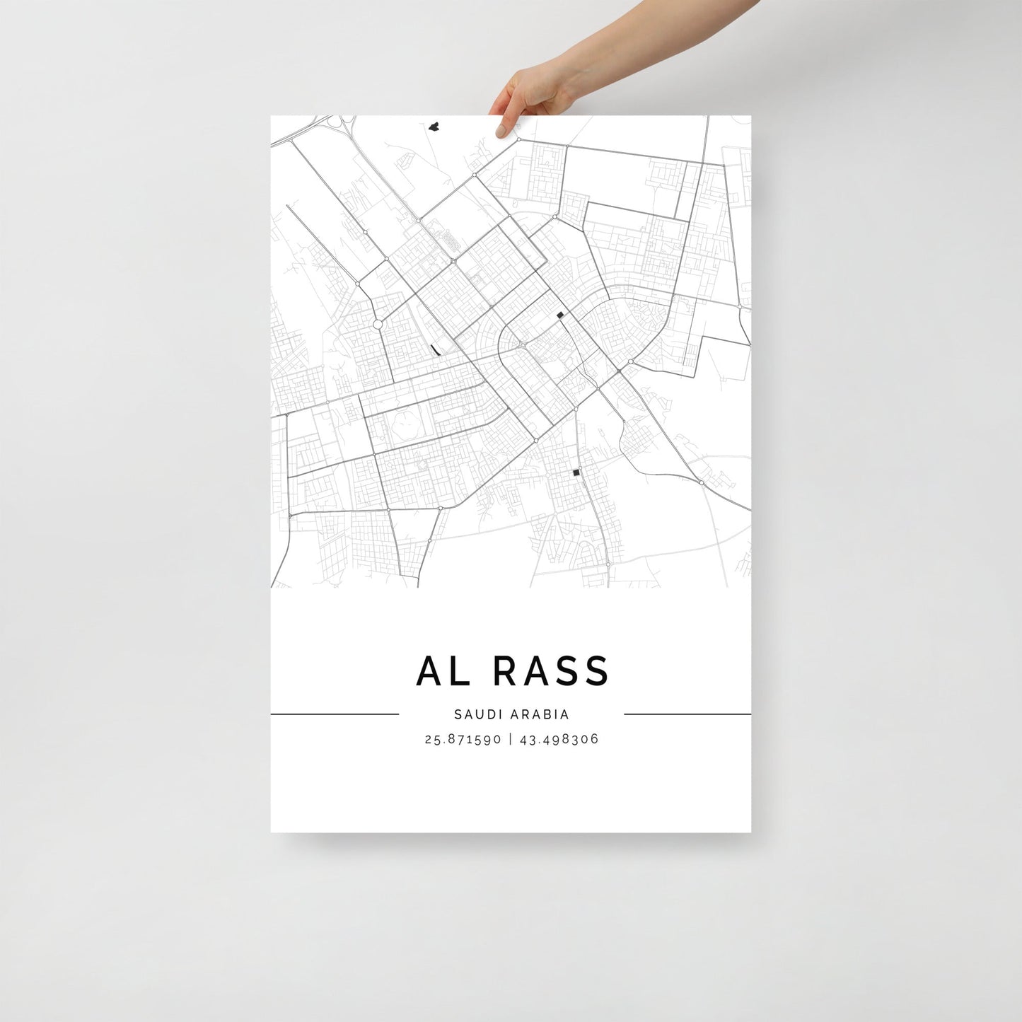 Minimalist black and white map of Al Rass (الرَّسّ), Saudi Arabia – fine art wall print on archival paper.