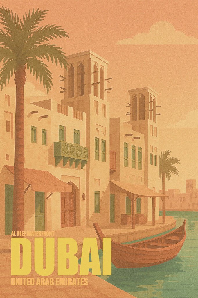 Vintage-style travel poster of Al Seef Waterfront in Dubai with traditional Emirati buildings, palm trees, and dhow boat.