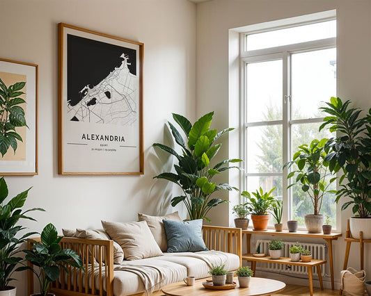 A cozy living room showcases a wooden sofa framed by green plants, with natural light pouring through a large window. Above, an FN Prints Alexandria City Map in black and white evokes historic landmarks. Two small tables nearby hold more plants.
