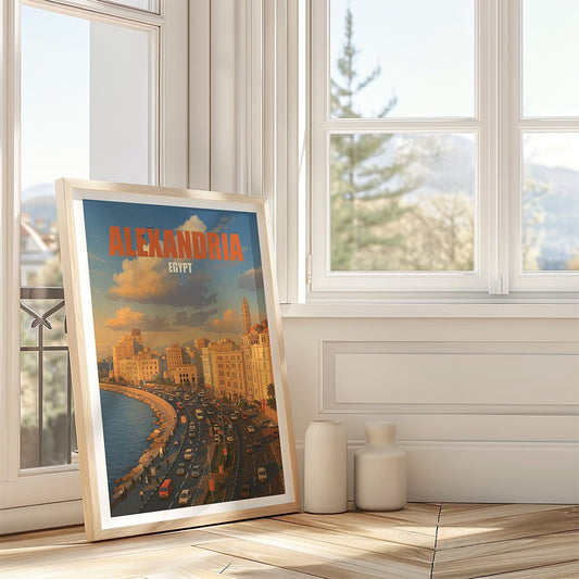 The FN Prints "Alexandria Corniche" framed art print, featuring Mediterranean architecture and "Alexandria Egypt," leans against a wall in a sunny, modern room with tall windows and ceramic vases on the floor.