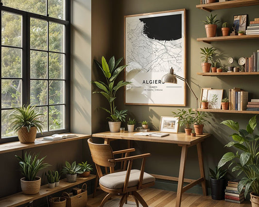 A cozy home office with green walls has a wooden desk and chair, decorated with potted plants. A large framed Algiers City Map by FN Prints, made with sustainable printing methods, hangs on the wall. A window offers natural light and views of the greenery outside.