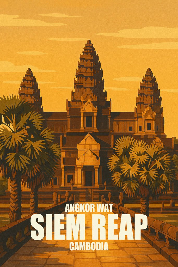 Retro-style poster of Angkor Wat temple in Siem Reap, Cambodia, with palm trees, golden sunset, and Khmer architecture.