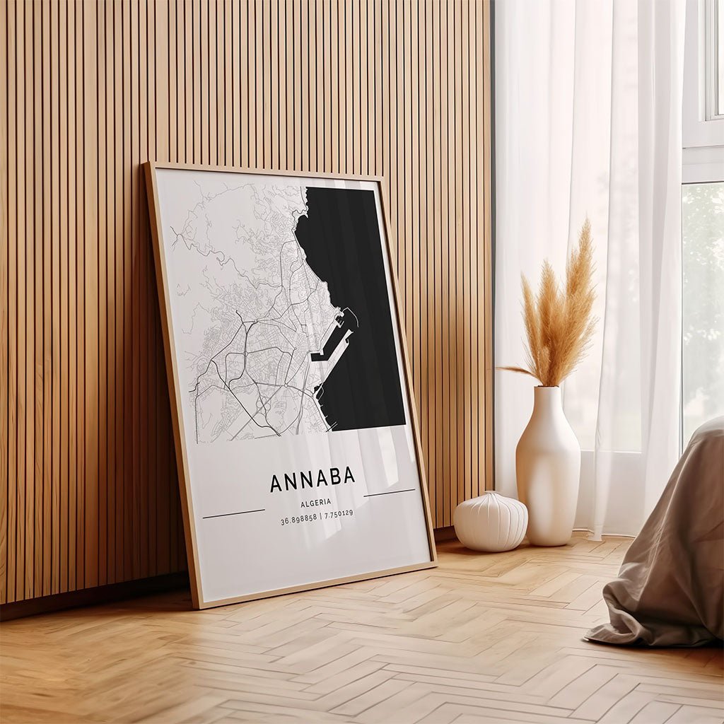 Annaba City Map Wall Art Print by FN Prints, shown framed in a room setting