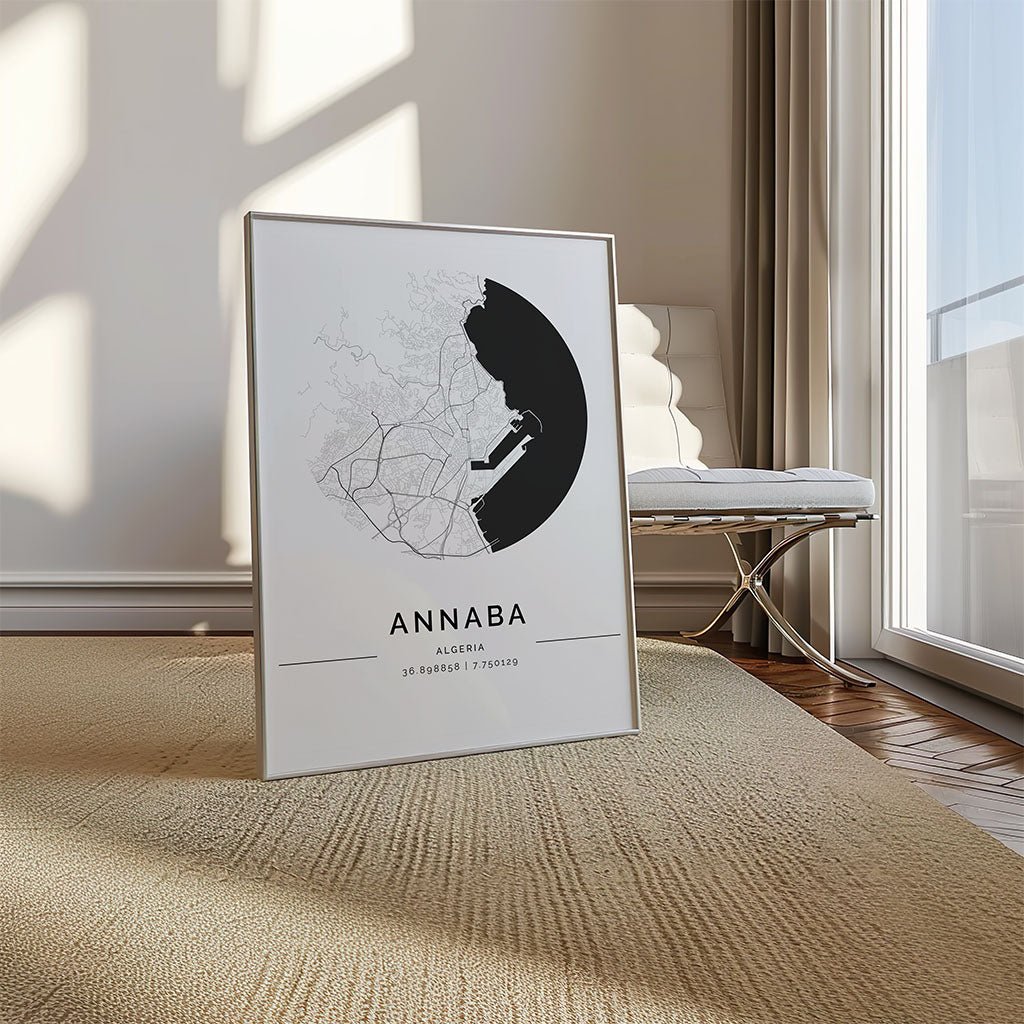 Annaba City Map Wall Art Print by FN Prints, shown framed in a room setting