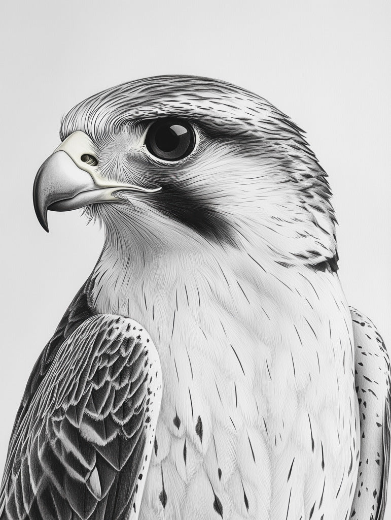 Detailed black and white illustration of the Arabian Falcon (الصقر العربي), showcasing fine feathers and intense gaze—a striking piece of modern wall art.