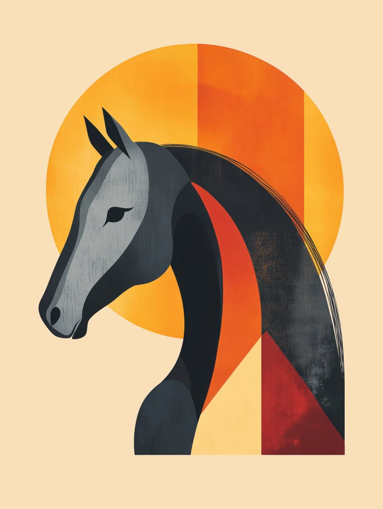 Abstract wall art of an Arabian horse (حصان عربي) in front of a bold orange sun, blending modern and cultural design for elegant wall decor.