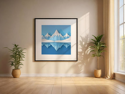 A room featuring light wood flooring and beige walls displays "Arctic Landscape" by FN Prints, a framed picture of a geometric depiction of snow-capped mountains reflecting on water. On either side, two potted plants rest in wicker baskets. Daylight filters through a large window with drawn curtains.