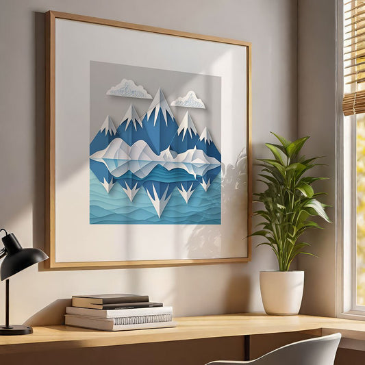 The "Arctic Landscape II" digital artwork by FN Prints, featuring stylized mountains and clouds in shades of blue and white, is framed and hanging on a wall above a wooden desk. The geometric design harmonizes with the desk's potted plant, lamp, and stacked books. Sunlight filters through the blinds, casting shadows over the serene scene.
