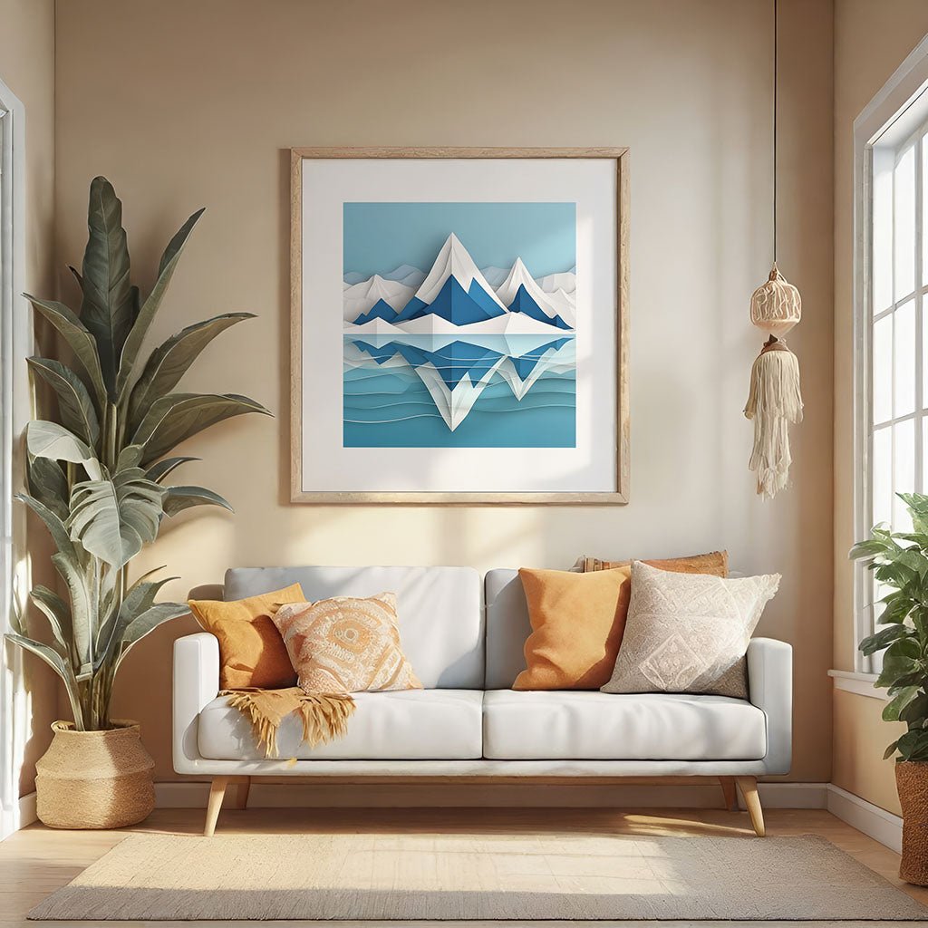 A cozy living room featuring a white sofa decorated with orange and beige cushions. Hanging on the wall above is "Arctic Landscape III," a large framed digital artwork by FN Prints, showcasing abstract snow-capped mountains. Potted plants are positioned on either side, while natural light streams in through the windows.