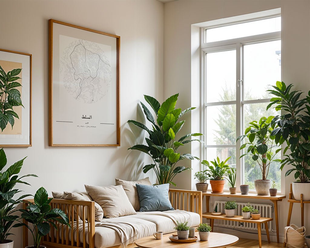 A cozy living room features wooden furniture—a sofa and coffee table—alongside various potted plants. Natural light pours through a large window, illuminating FN Prints' framed As-Salt City Map on the wall, complemented by a rug on the wooden floor for an elegant Ottoman touch.