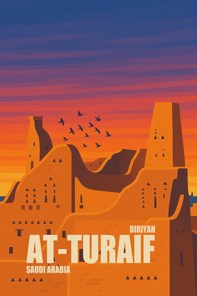 Illustrated poster of At-Turaif District in Diriyah, Saudi Arabia, with Najdi architecture and a warm sunset background.