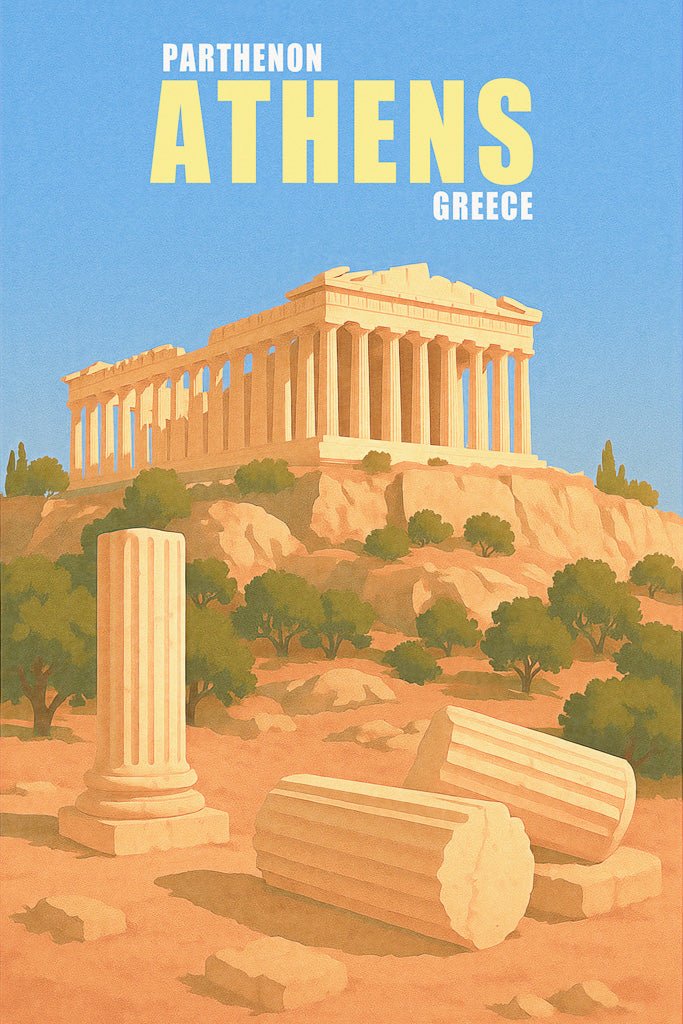 Vintage-style illustration of the Parthenon in Athens, Greece with ancient columns and hillside landscape.