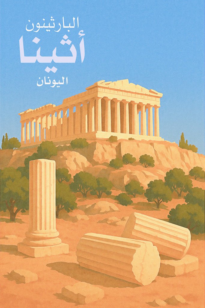 Vintage-style illustration of the Parthenon in Athens, Greece with ancient columns and hillside landscape.