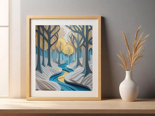 Framed artwork titled "Autumn Glow" by FN Prints showcases a picturesque autumn forest with blue and yellow trees and a serene winding stream. Golden sunlight reflections create a lively dance across the piece. The frame is displayed on a light wooden shelf beside a white vase filled with tall, dried grass.