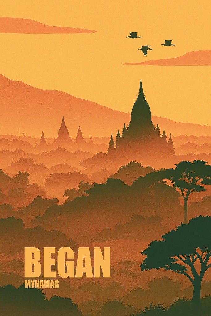 Poster print of Bagan temples at sunset in Myanmar with birds flying and trees in silhouette.
