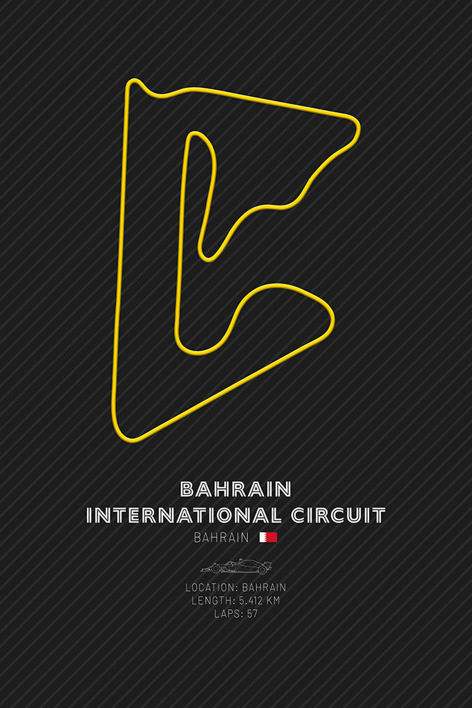 Minimalist art print of the Bahrain International Circuit F1 layout, outlined in yellow against a black background, representing the iconic Bahrain Grand Prix track.