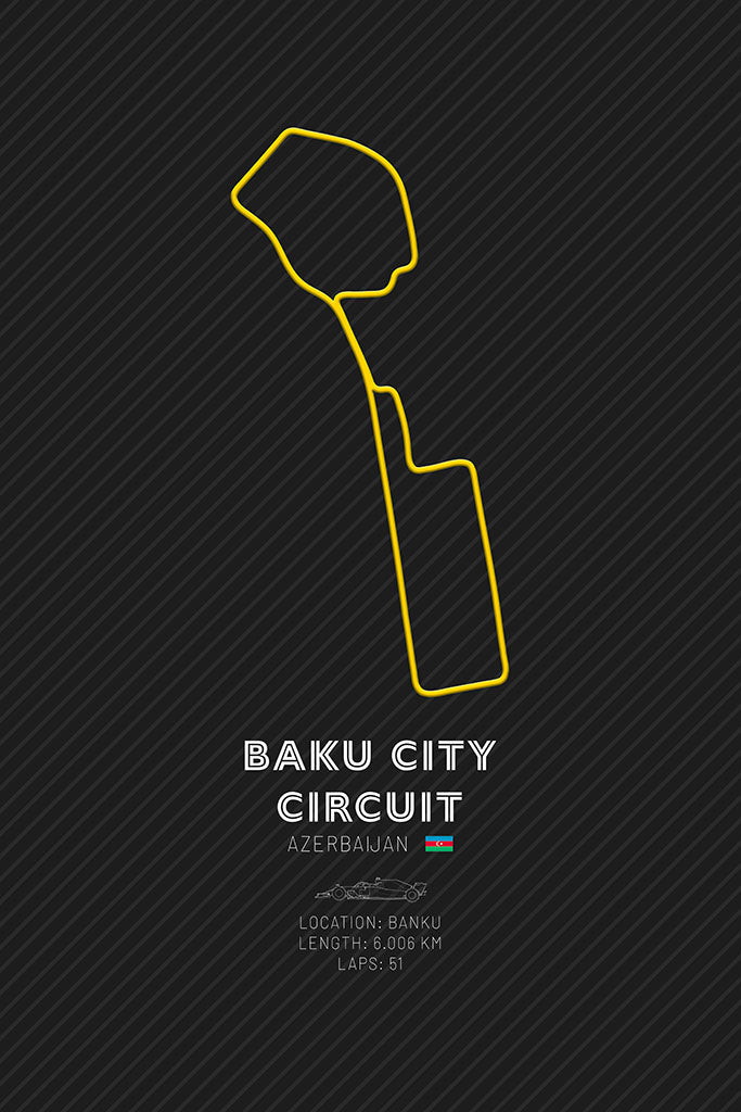 Minimalist outline of the Baku City Circuit F1 layout, in yellow against a dark background, representing the iconic street race in Azerbaijan.