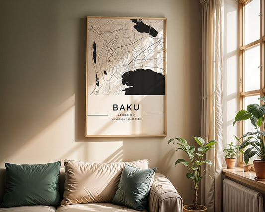 A cozy room includes a light beige sofa adorned with green and beige cushions beneath an FN Prints Baku City Map. Sunlight and potted plants create serene shadows, ideal for architecture lovers.