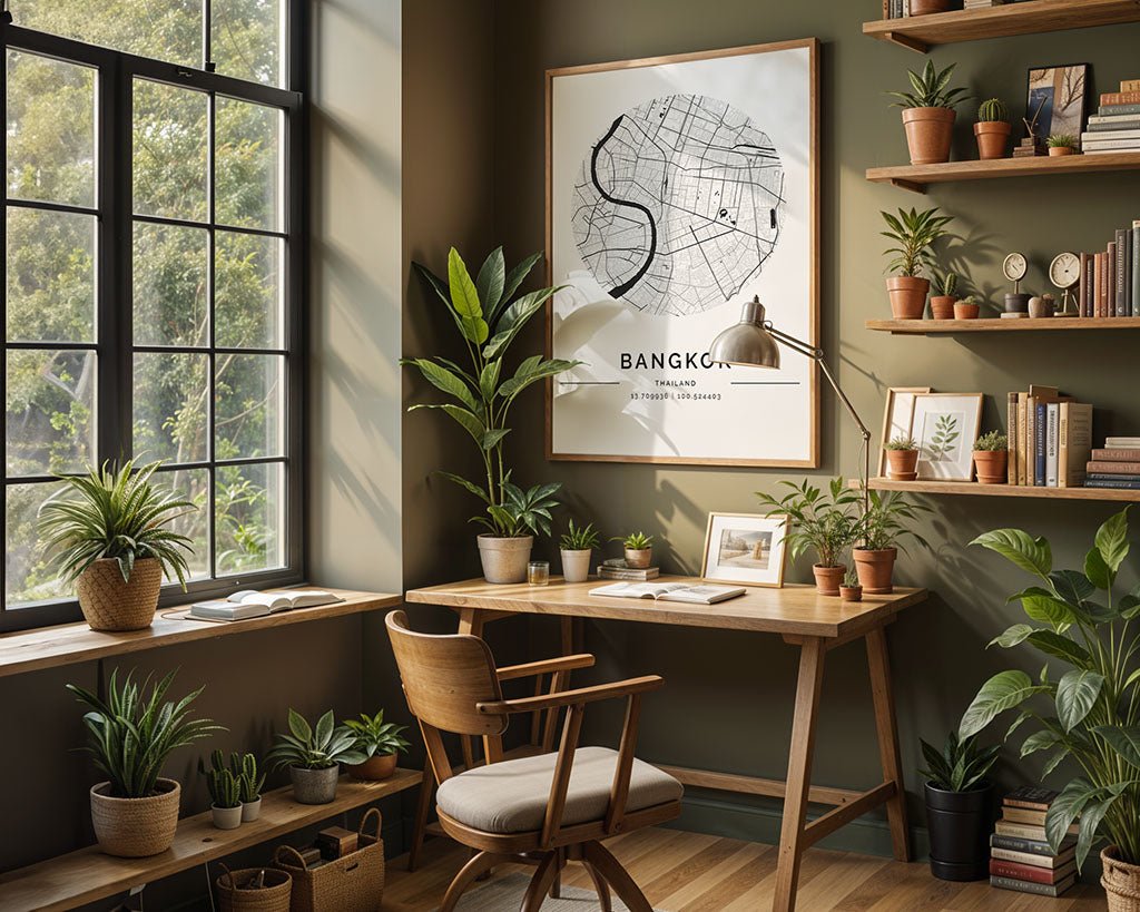 A well-lit home office showcases a wooden desk with potted plants, a wooden chair, and shelves of plants and books. The wall features an FN Prints Bangkok City Map poster. This inviting space, ideal for urban design fans, is illuminated by natural light from a large window.