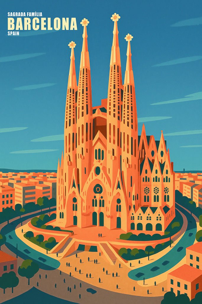Illustrated poster of Barcelona’s Sagrada Familia with bold colors and vintage travel art style.