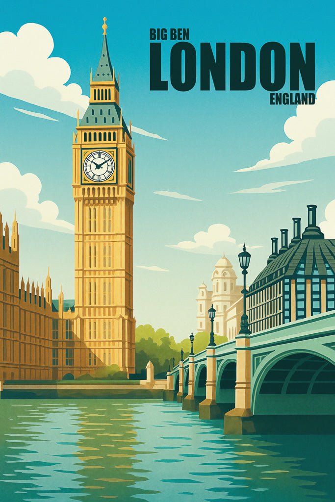 Illustrated poster of Big Ben in London, England, with bridge and river in foreground under blue sky.