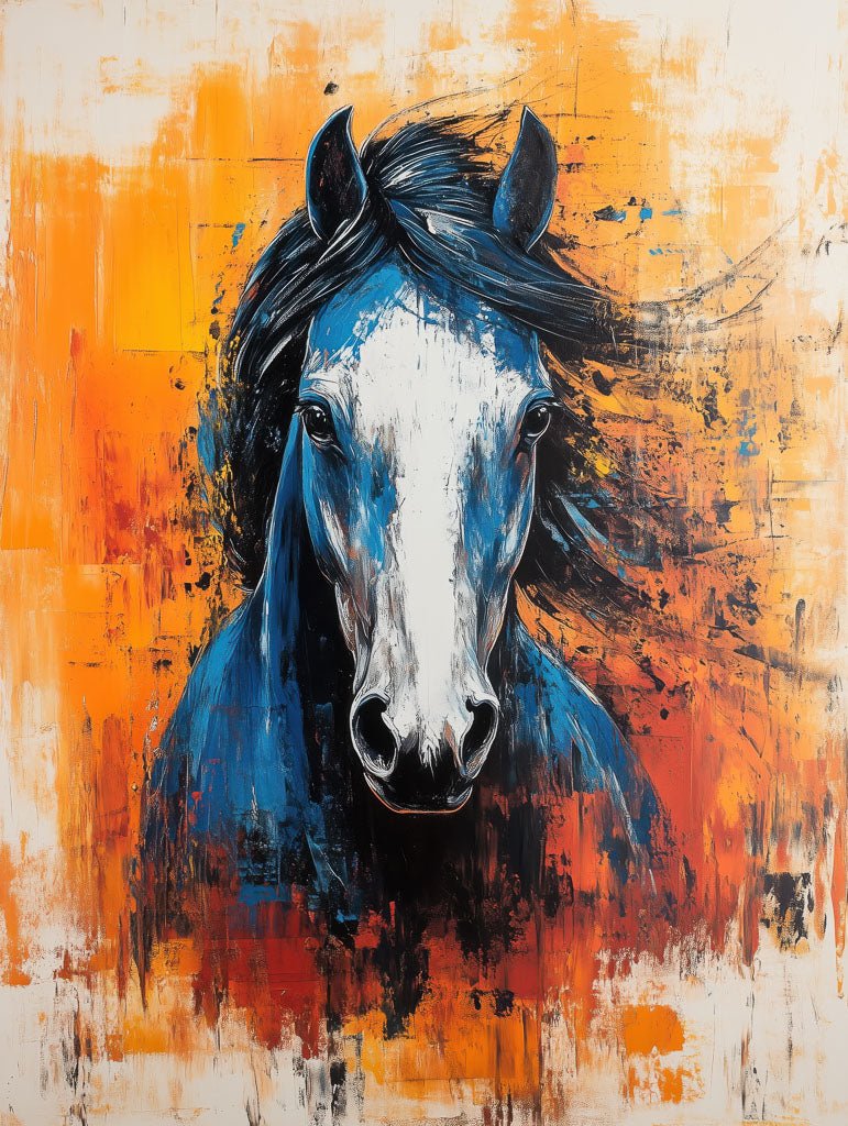 Abstract wall art of a blue horse (حصان أزرق) with a white face on an orange textured background, evoking modern, expressive decor style.