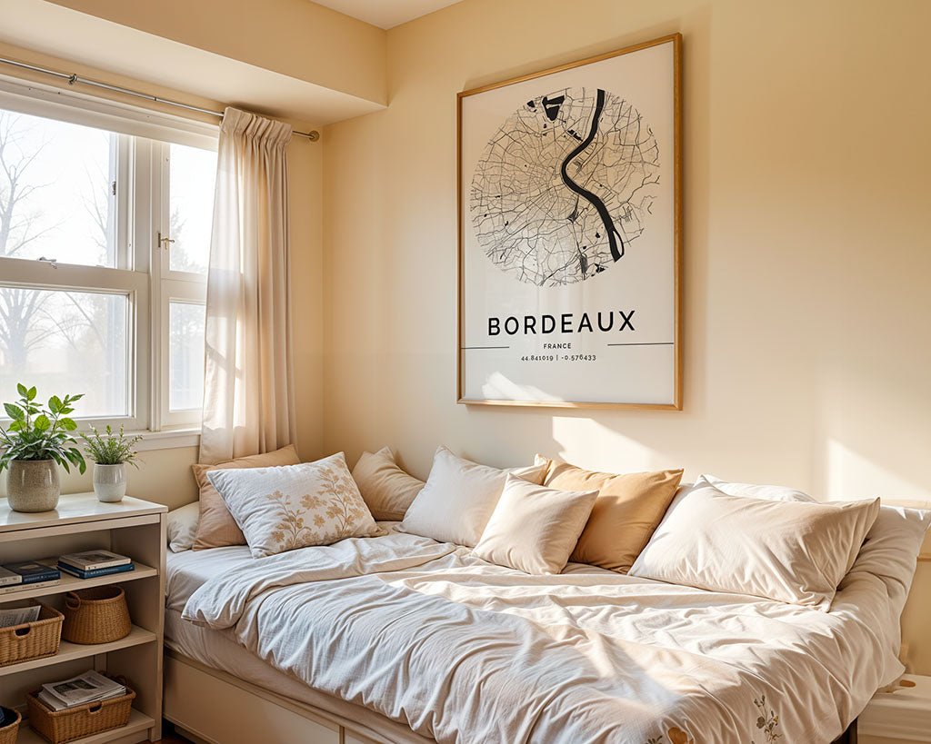 A small, cozy bedroom features a white daybed with neutral cushions and a rumpled duvet. A framed Bordeaux City Map by FN Prints adorns the wall above the bed. Natural light pours through the window to the left, while a plant and baskets sit neatly on a shelf beside this tranquil space.
