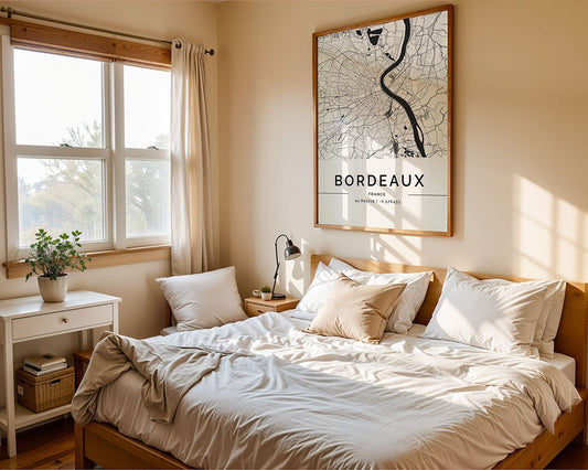 A bright bedroom features a neatly made double bed with white sheets and pillows. Above the bed is FN Prints' minimalist Bordeaux City Map. Natural light streams through a window on the left, while a small table with a plant and lamp sits beside it.