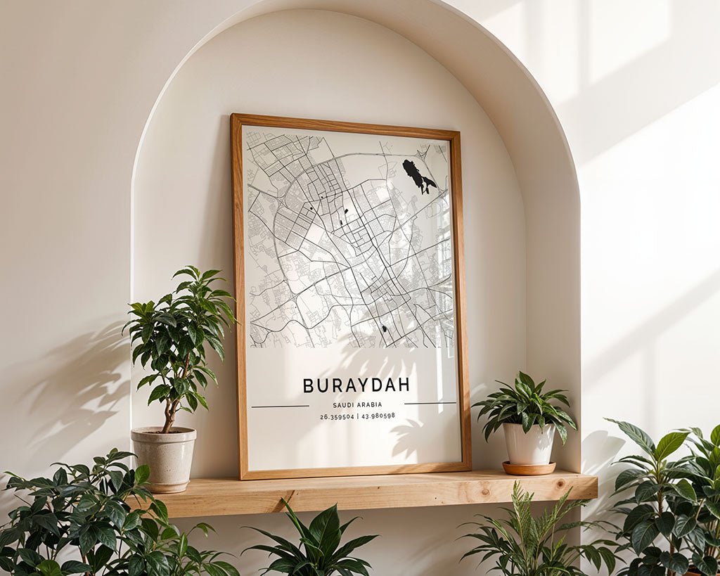 Buraydah (بريدة) City Map, Minimalist Wall Art by FN Prints, shown framed in a room setting