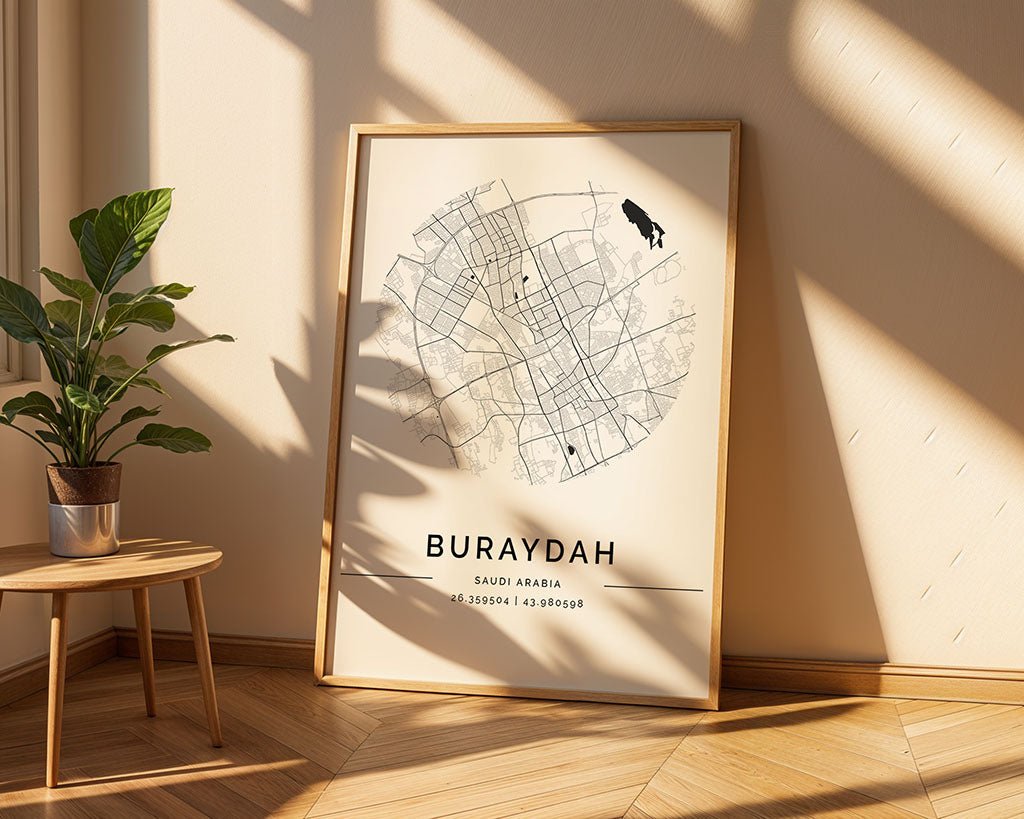 Buraydah (بريدة) City Map, Minimalist Wall Art by FN Prints, shown framed in a room setting