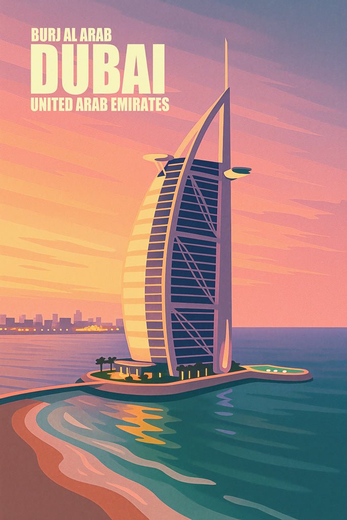 Illustration of Burj Al Arab in Dubai during sunset, with orange sky and sea reflections.