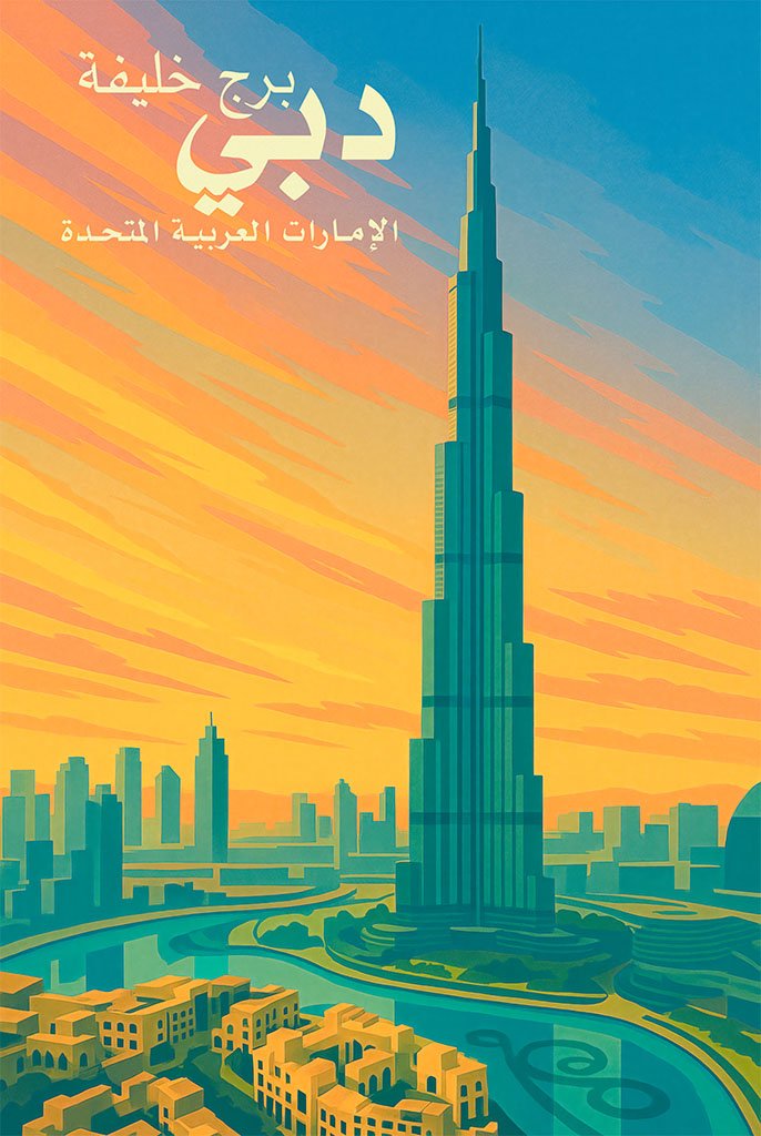 Retro-style illustration of Dubai skyline with Burj Khalifa and desert curves in warm tones.