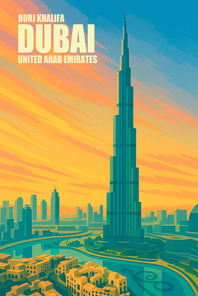 Retro-style illustration of Dubai skyline with Burj Khalifa and desert curves in warm tones.