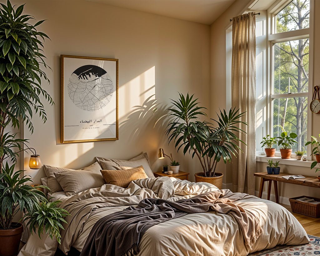 A cozy, sunlit bedroom with an unmade bed features a FN Prints Casablanca City Map on the wall. Large plants and sheer curtains add charm, while various plants on a wooden bench by the window make it an ideal housewarming gift haven.