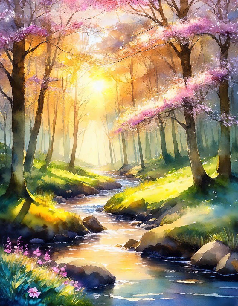 Immerse yourself in the tranquility of "Cherry Blossom Forest" by FN Prints, a serene digital watercolor painting depicting a sunlit springtime forest. A gentle stream meanders through the cherry blossom grove, flanked by blossoming trees adorned with pink flowers. Soft sunlight filters through the foliage, casting a warm glow on the lush greenery and rocks along the stream.