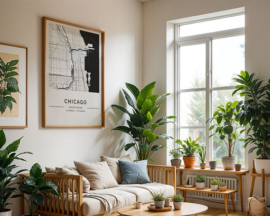 A bright living room with a large window, wooden furniture, and many potted plants features an FN Prints Chicago City Map above the light-colored sofa, creating a cozy, natural ambiance enriched by greenery and minimalist prints.