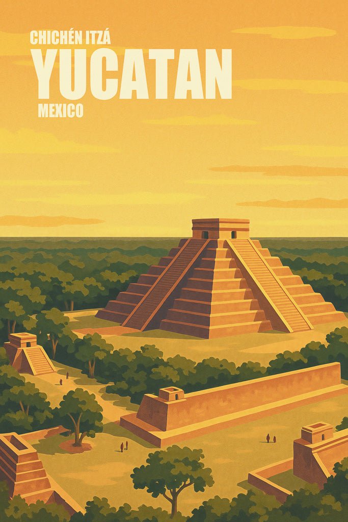 Illustration of Chichén Itzá pyramid in Yucatán, Mexico, surrounded by jungle under a golden sky.