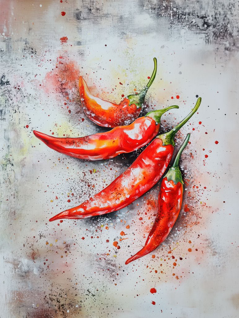 A vibrant abstract art print of red chili peppers with dynamic splashes of color, perfect for adding warmth and energy to contemporary kitchens or dining spaces.